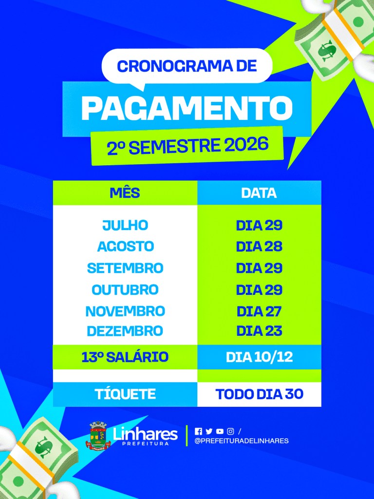 Prefeitura de Linhares anuncia calendário de pagamento dos servidores para o segundo semestre