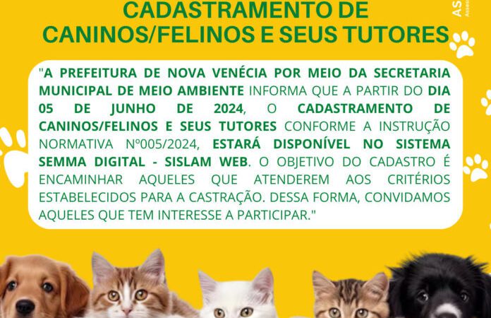 Cadastro de Caninos/Felinos e seus tutores está aberto pela Secretaria de Meio Ambiente