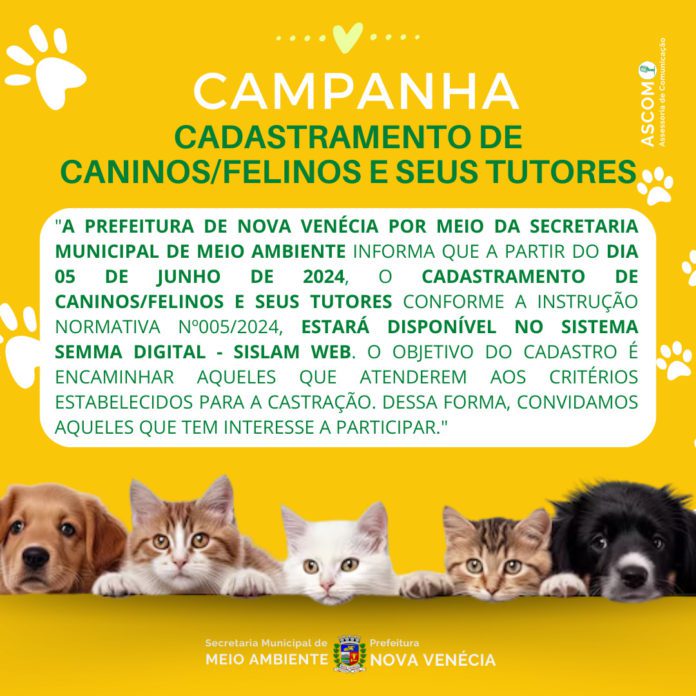 Cadastro de Caninos/Felinos e seus tutores está aberto pela Secretaria de Meio Ambiente